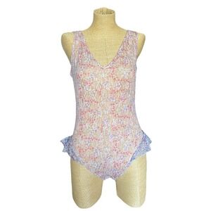 VTG Sears Lingerie Bodysuit Ruffle Feminine Pink Purple Floral Lace Sheer Medium